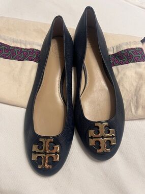 Tory Burch Navy Leather Logo Toe Ballet Flats with Gold Emblem